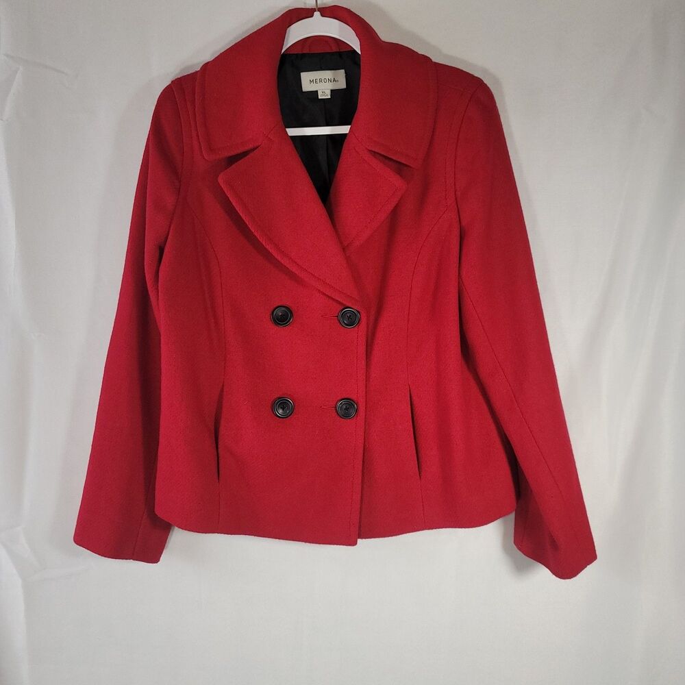 Merona Women's Red Wool Blend Double-Breasted Peacoat Jacket Winter Coat Size XL